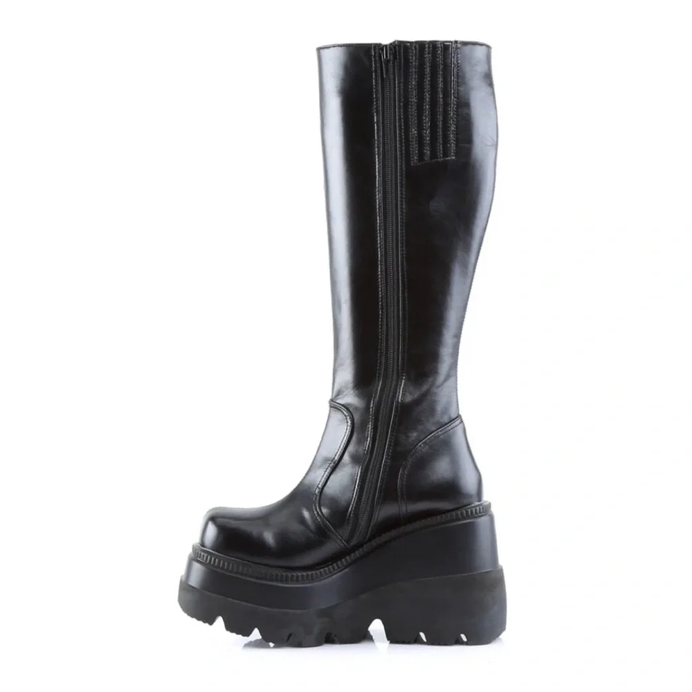 DEMONIA SHAKER-100 Women's Black Wedge Platform Boots